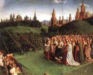 Jan Van Eyck - The Ghent Altarpiece, Adoration of the Lamb [detail top right 1]