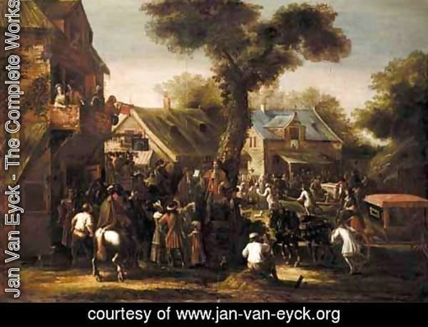 A Crowded Village Scene With A Messenger Reading A Proclamation